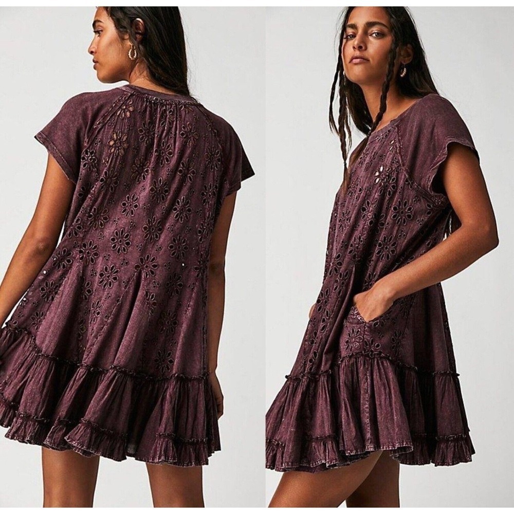 Free People Plum Eyelet‎ Tiered Ruffle Dress Short Sleeve Boho Festival Size S